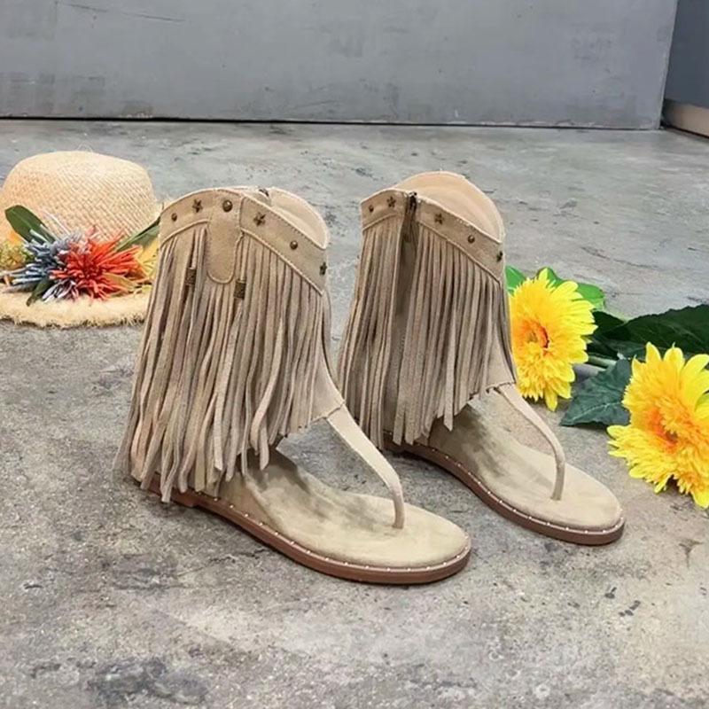[] Pinch-in tassel sandals women's new summer open-toe side zipper inner height-increasing cool boots