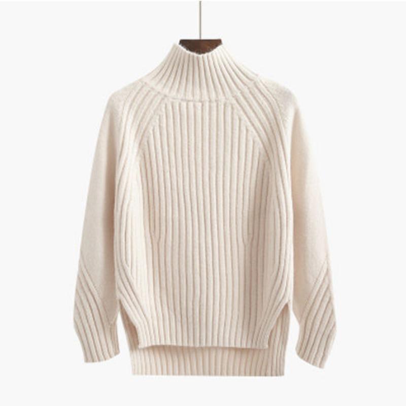 Women's Pullover Sweater Solid Color Semi High Neck Short Style Spring and Autumn Knitted Sweater Fashionable