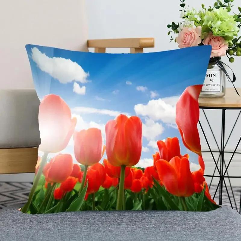 "Floral Tulip Pillowcase, Soft Cotton - Vibrant Flower Design for Spring Decor, Comfortable and Stylish, Perfect Gift for Home"