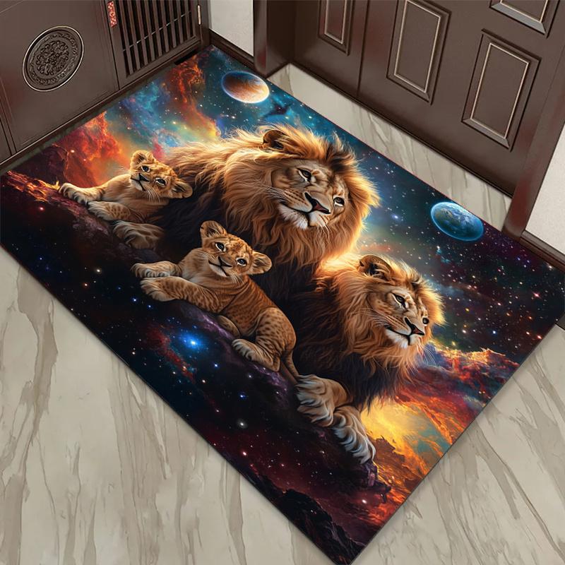 Cosmic Lion Family Rug for Playful Kids' Rooms - Space Theme Carpet, Wild Animal Print, Fantasy Room Decor