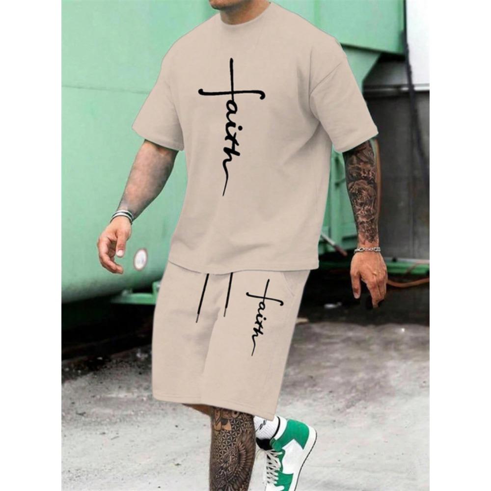 Męski Letni Zestaw Krótkich Spodenek z Krótkim Rękawem z Nadrukiem Krzyża Casualowy Modny Temperament 2-częściowy Streetowy Sesja Wakacyjny Zestaw T-shirtu z Okrągłym Dekoltem