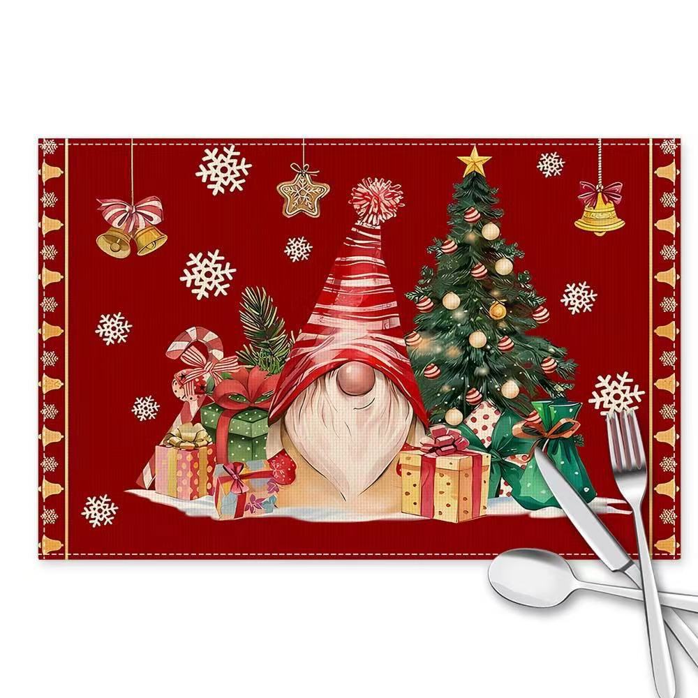 Christmas Cotton Linen Placemats Snowman & Santa Claus Decorated Dining Table Mats Insulation Solid Color Holiday Home Decor