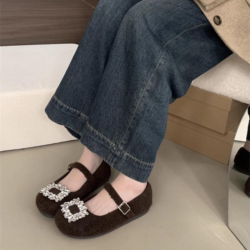 Flat bottom gray felt square head rhinestone single shoes 2025 autumn and winter velvet Mary Jane wool shoes