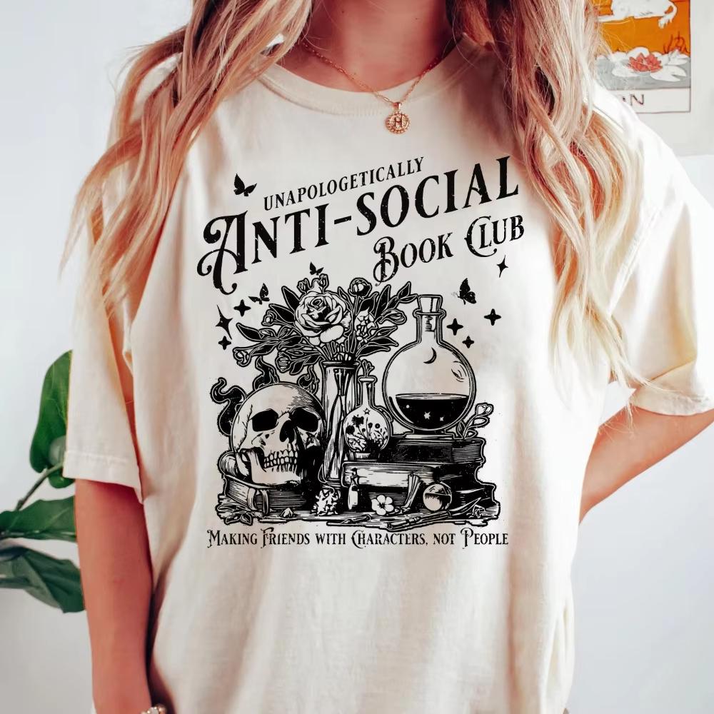 AntiSocial Book Club TShirt Introverted Reader Vintage Style Graphic Tee Unisexs Womens Short Sleeve TShirt Half Sleeve Top