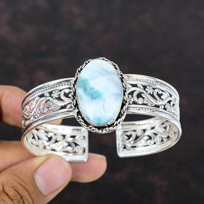 Braccialetto con polsino in larimar, bracciale con pietre preziose fatto a mano, bracciale regolabile in argento sterling 925, bracciale antico con polsino, regalo per la mamma, gioielli da sposa