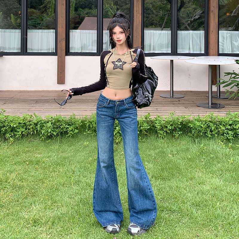 Retro Blue Low-Waist Wide-Leg Bamboo Pattern Flare Jeans for Women M