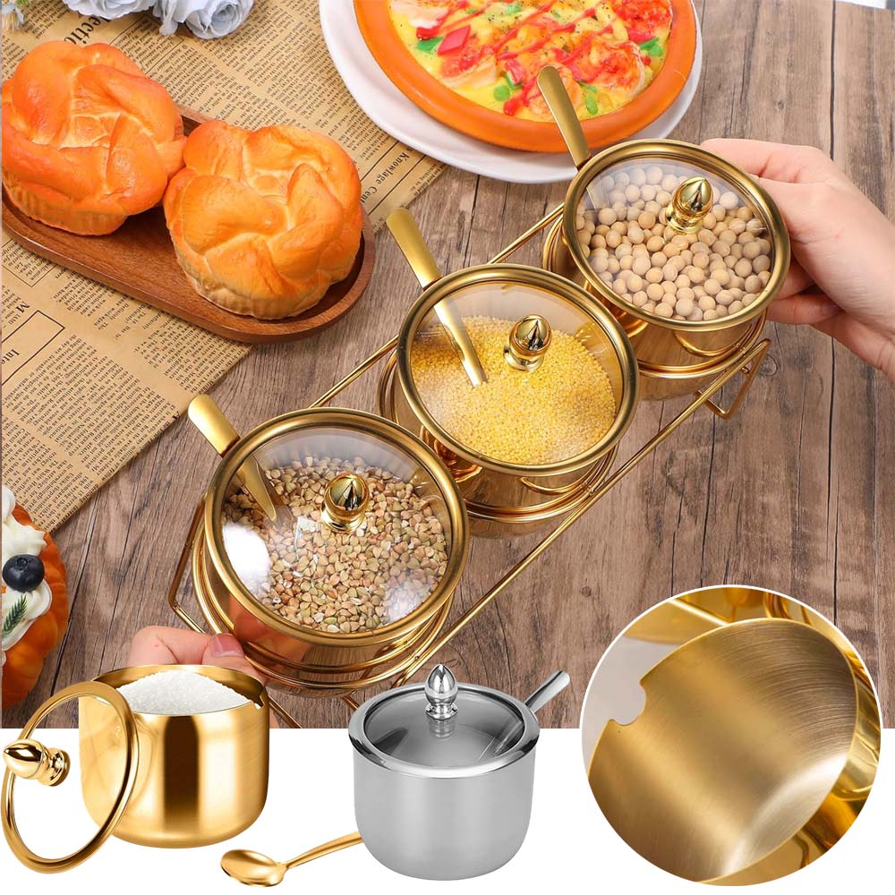 Stainless Steel Seasoning Jar Set with Glass Lid Spoons Kitchen Condiment Pots for Serving Sugar Pepper Salt Spice Kruidenpotjes