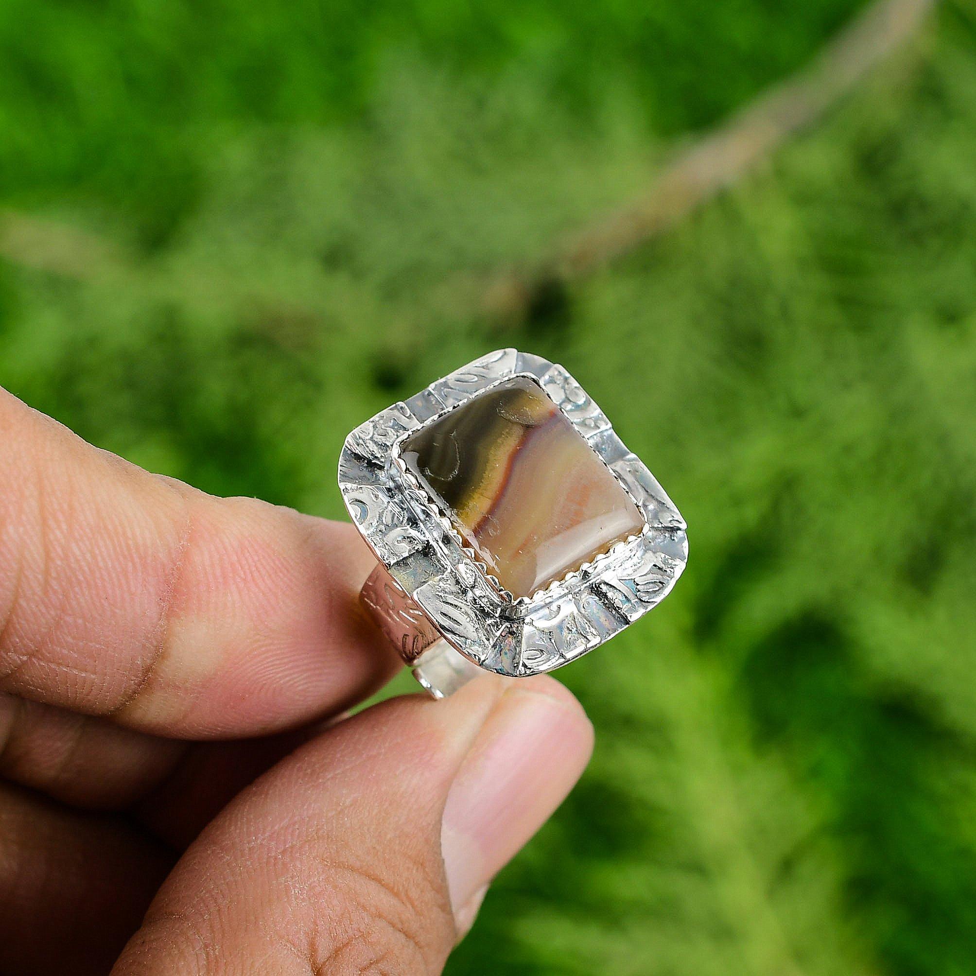 

925 Sterling Silver Radiant Botswana Agate Stone Statement Bezel Ring Jewelry Adjustable