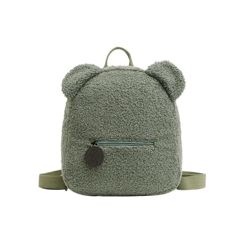Cute Bear Ear Fleece Small Backpack Kids Girls Casual Warm Lambswool Daypack Bag Schoolbag Rucksack for Travel Shopping