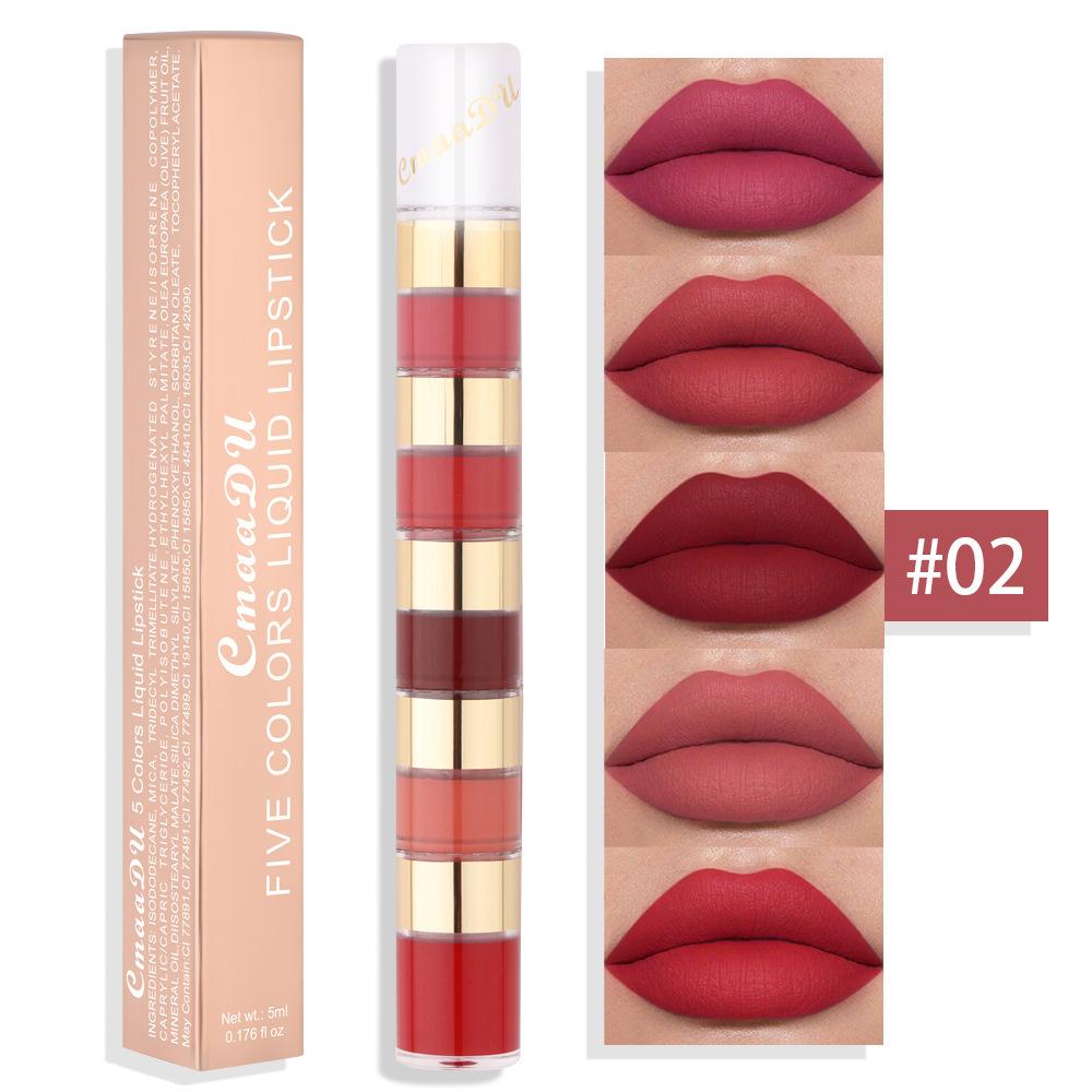 5 i 1 Matte Lipstick Kit Combo Strip Velvet Sexy Red Lip Tint Non-stick Cup Lip Gloss Lip Oil Makeup Lips Kosmetisk sett