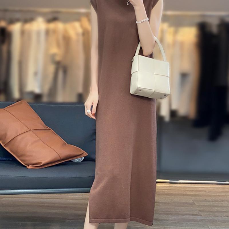 Pure Cotton Thread Long Over-knee Sleeveless Knitted Dress for Women's Summer Round Neck Mid-length Inner Layer Bottom Slit Long Skirt