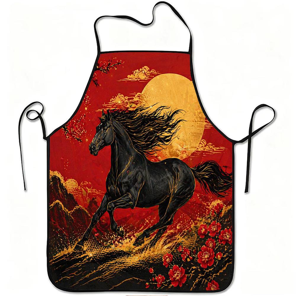 1pc Black Horse And Red Plum Blossom Print Apron, Durable And Easy to Clean, Adjustable Waistband, Polyester Material, for Kitchen Cooking, Gardening,