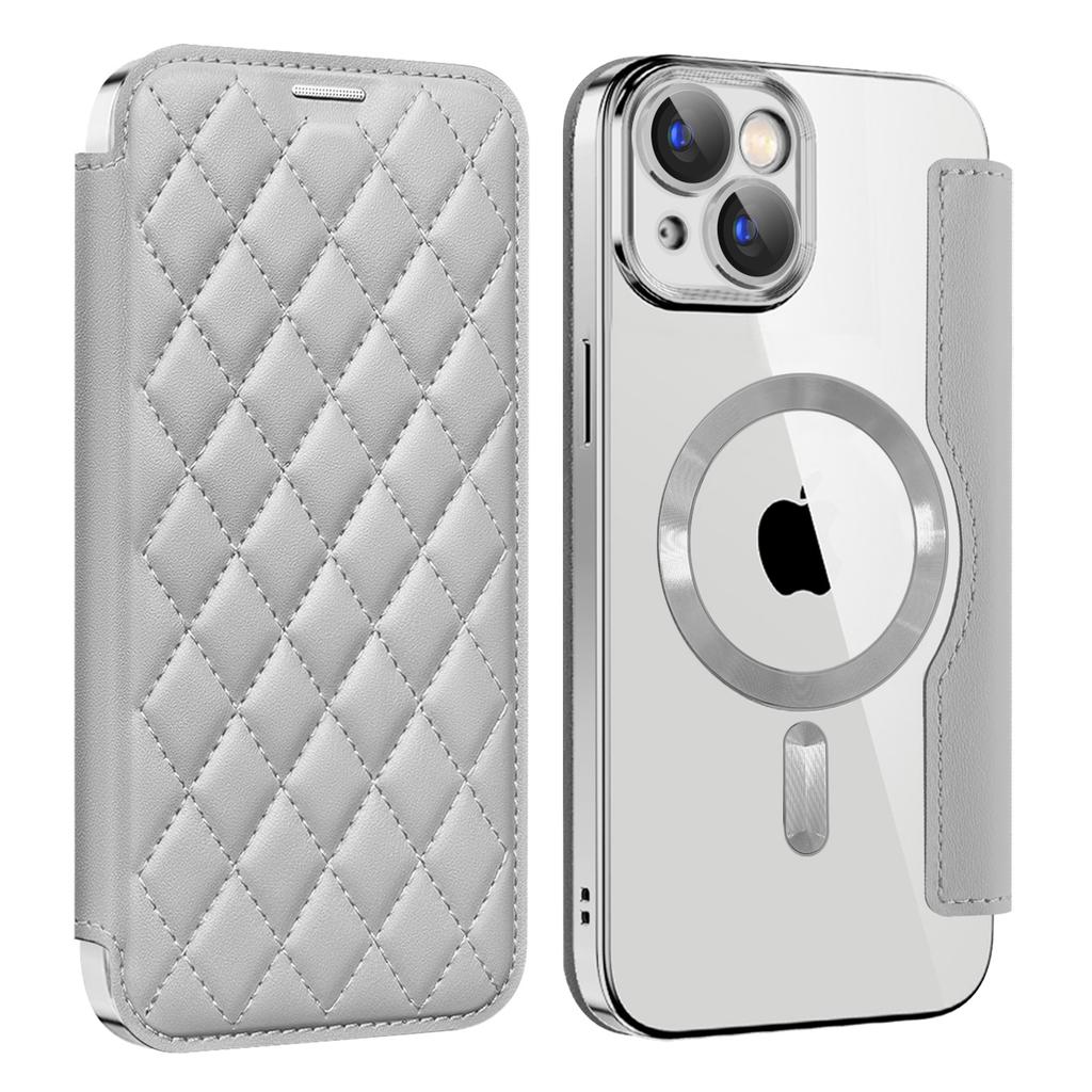 For iPhone 15 Plus Built-in Lens Film Phone Case RFID Blocking Card Slots Leather Cover Compatible with MagSafe