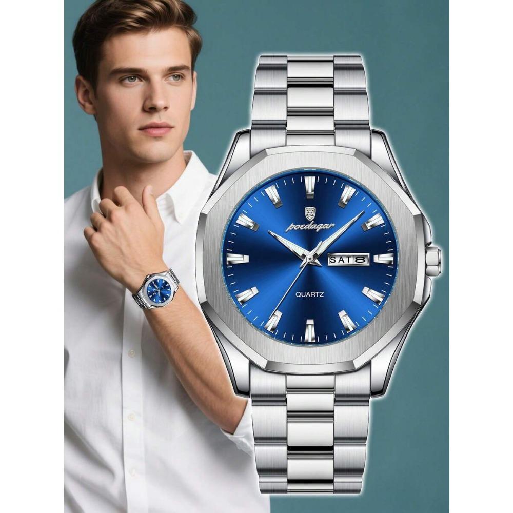 POEDAGAR 1pc Casual Men's Stainless Steel Quartz Wristwatch, Dual Date Display, Business Waterproof Luminous Wristwatch, Men's Gift