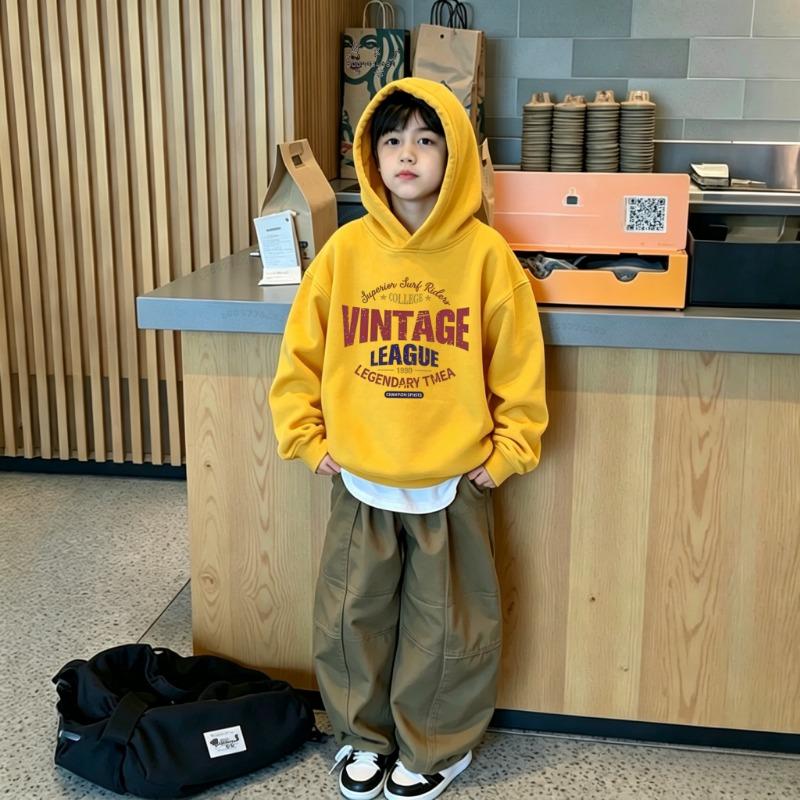 Latest Children's Casual Hooded Shirt - Retro Multi-Color Letter Pattern - Boys' and Girls' Casual Long-Sleeved Hooded T-Shirt