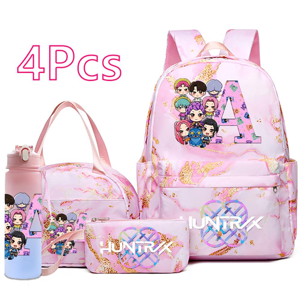 4Pcs/set Anime K-Pop Printed Backpack Handbag Pencil Case 750Ml Water Bottler for Teenager Boy Girl Schoolbag Large Capacity Bookbag Kid Gift Mochila