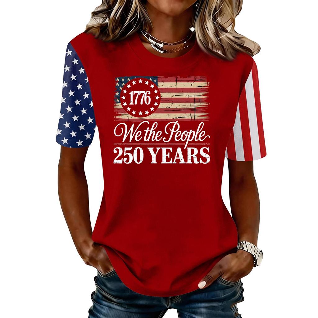 Womens Round Neck Short Sleeve T Shirt 250th Anniversary Graphic Print Casual Top with Flag Inspired Pattern for Everyday Wear