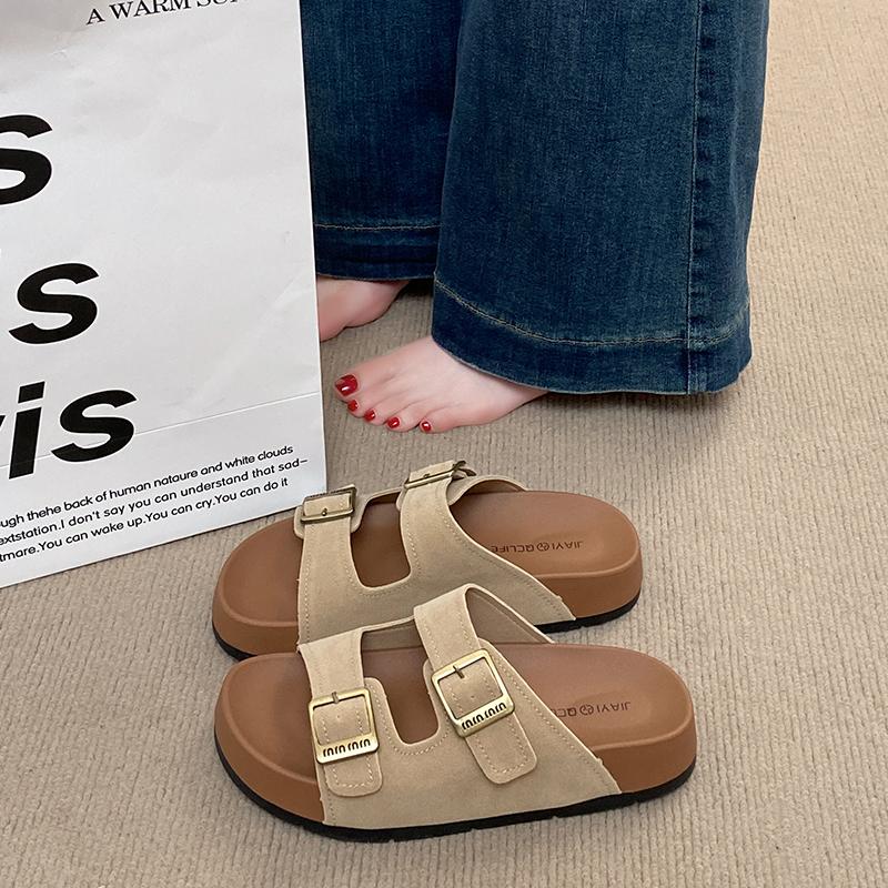 

CRLAYDK Sandals for Women Adjustable Double Buckle Slip On Suede Leather Arch Support Slides Ladies Footwear Flat Beach Slippers 35