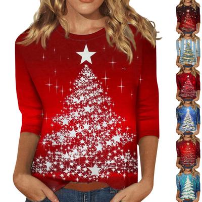 Women's Fashion Casual Round Neck 3/4 Sleeve Loose  Printed T-Shirt Ladies Top