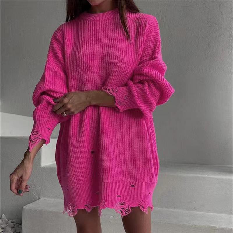 Autumn/Winter Solid Color Ripped Hem Round Neck Loose Knit Sweater