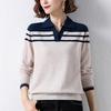New Autumn Fashion Loose Versatile Polo Collar Panel Contrast Color Temperament Women's Knitted Long Sleeve Sweater