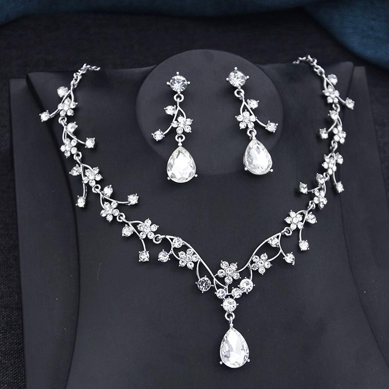 Rhinestone Water drop Flower Bridal Jewelry Sets for Women Earring and Choker Necklace Set Wedding Jewelry Sets 3 Pcs Set Gifts