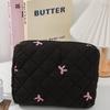 Black Women Portable Makeup Bag Large Capacity Pink Bow Quilting Cosmetic Pouch Ladies Travel Toiletry Storage Bag