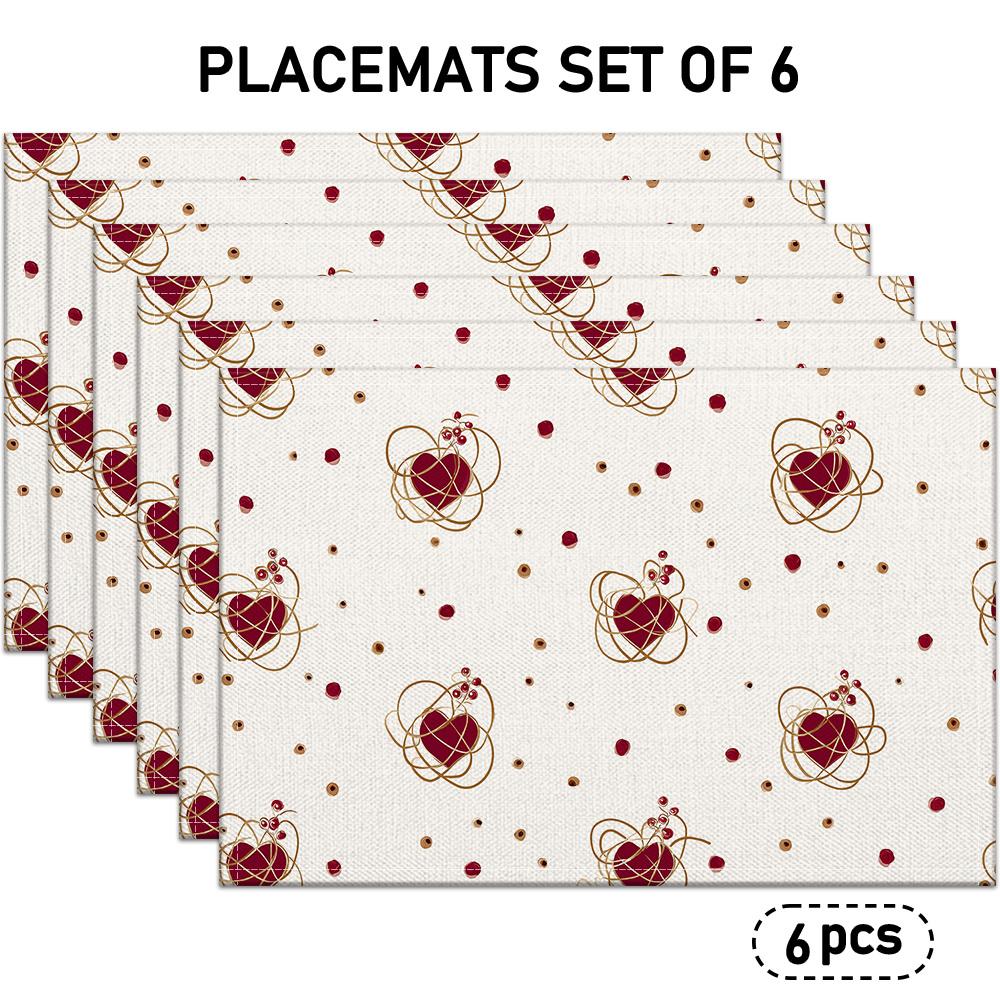 Set of 4/6 Linen Placemats Featuring Red Hearts And Golden Polka Dots, Perfect for Romantic Occasions And Everyday Dining Decor, Suitable for Indoor P
