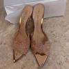 2026 Summer Champagne Gold Embroidered Pointed Toe Mules: Women's One-Strap Thin Heel Sandals