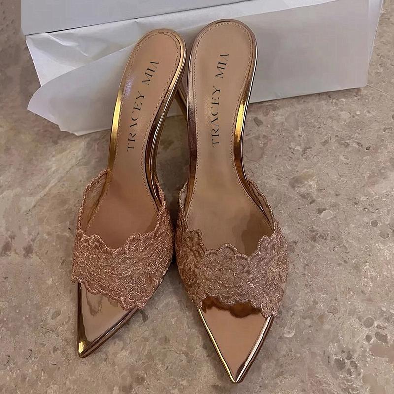 2026 Summer Champagne Gold Embroidered Pointed Toe Mules: Women's One-Strap Thin Heel Sandals