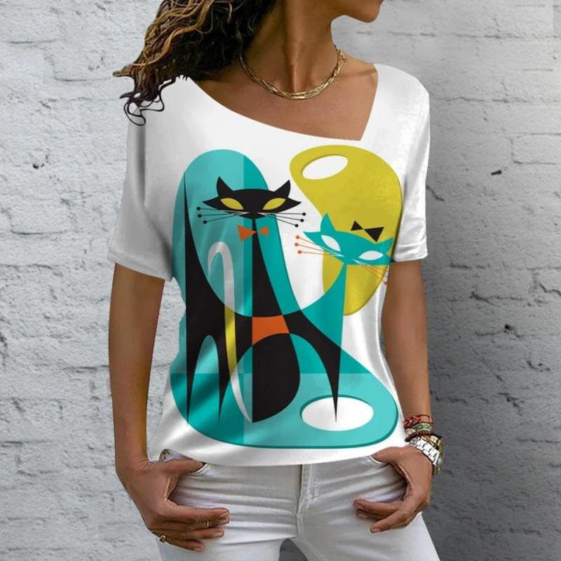 

Женская футболка в стиле ретро, ​​одежда с рисунком кота в стиле аниме для девочек, летние футболки с v-образным вырезом и короткими рукавами, женская уличная одежда в стиле Харадзюку, блузка оверсайз 3XL
