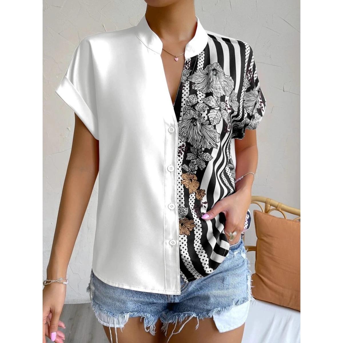 Women s V Neck Short Sleeve Blouse Loose Fit Floral Striped Print Button Down Casual Work Shirt Top S