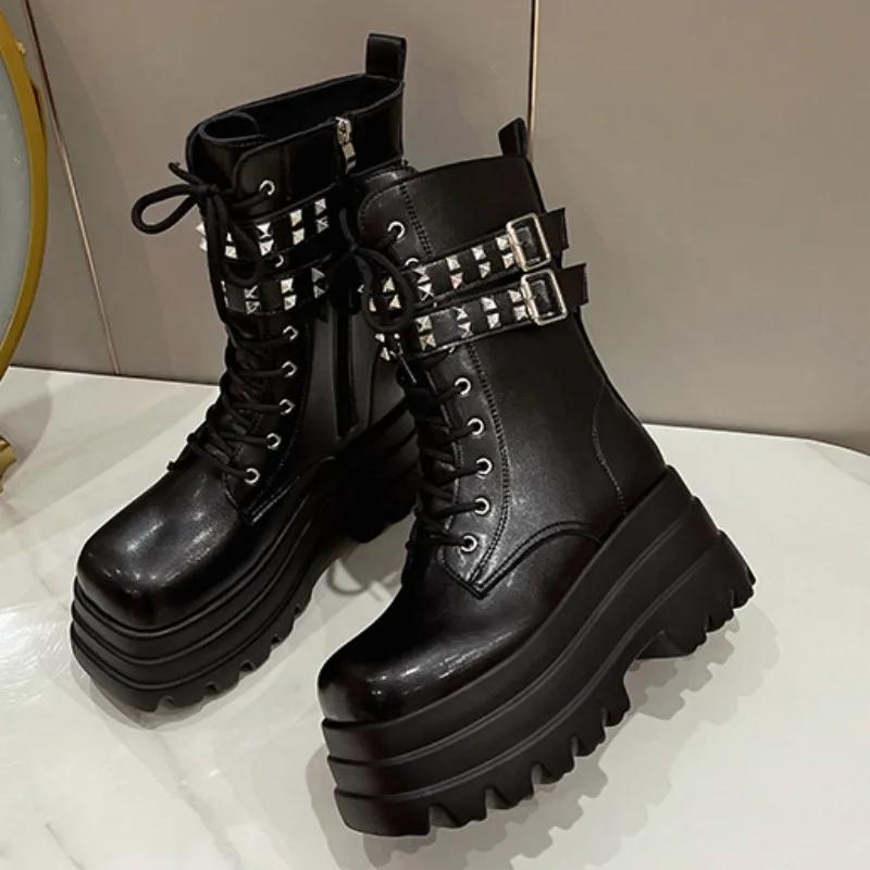 Fashion Designer New Platform Metal Buckle Motorcycle Boots for Women Fashion Street Style 8.5cm Heel Casual Women's Ankle Boots Shoes