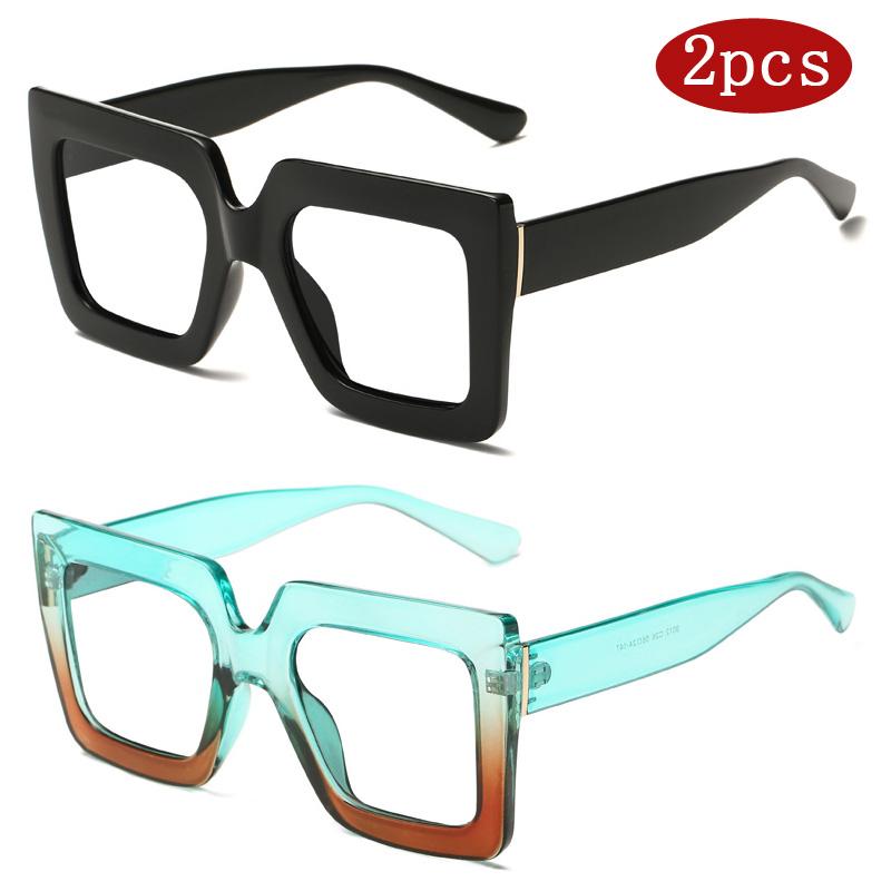 2pcs High Quality Women Classic Square Classic Large Frame Flat Glasses Fashion Men Colorful Design Sun Glasses Retro Glasses