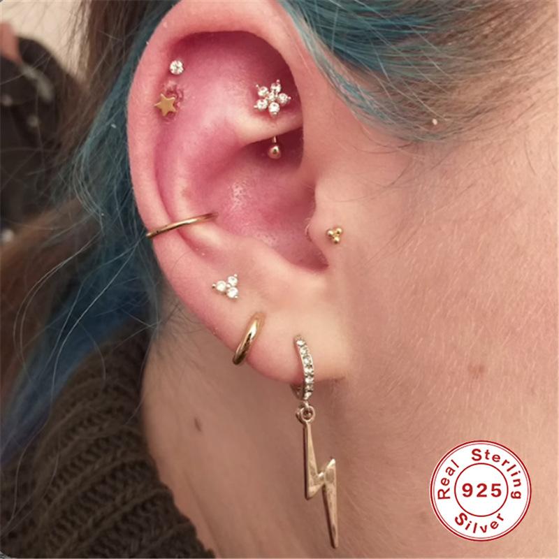 S925 Sterling Silver Curved Hook Rear Hanging Piercing Thread Stud Earrings Piercing Earbone Stud Eyebrow Stud Earring Pinna Cochlear Stud
