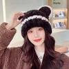 Big head circumference plush hat women's autumn and winter thickened warm stripes contrasting color knitted hat cute bear ears wool hat