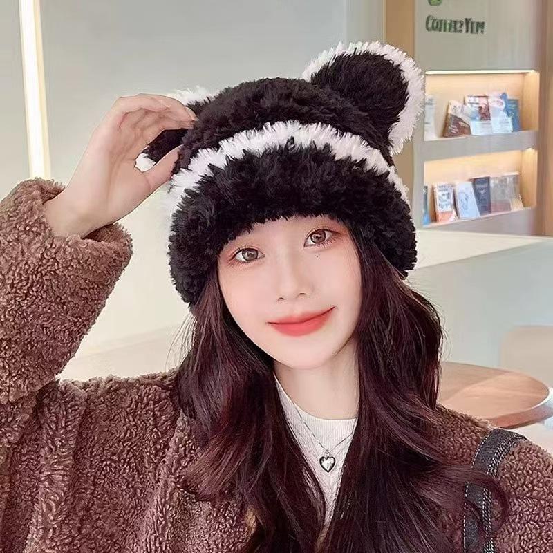 Big head circumference plush hat women's autumn and winter thickened warm stripes contrasting color knitted hat cute bear ears wool hat