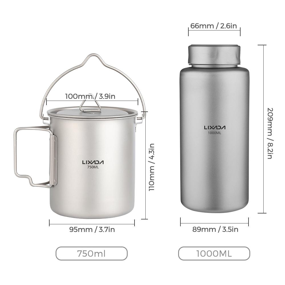 Lixada 1L Ti Water Bottle Leak-proof Sport Water Bottle with 750ml Hanging Pot for Outdoor Camping