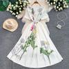 2026 New Summer Women Floral Print Short Sleeve Midi Long Elegant Gorgeous Bridesmaid Cocktail Party Dress with Round Neck