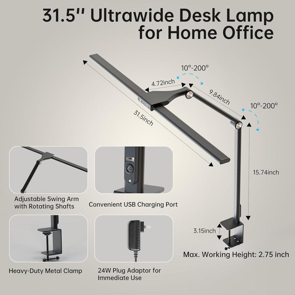 LED Desk Lamp for Home Office, 24W Eye-Caring Reading Light with Clamp, USB Charging Port, 7 Brightness 5 Color Mode, Memory Function, Auto-Off