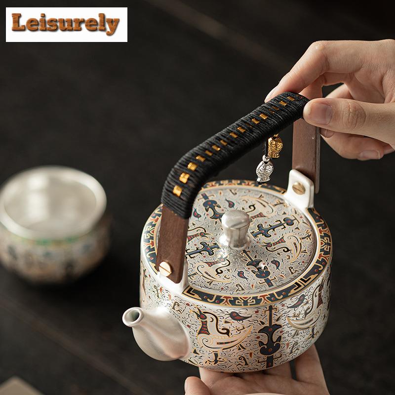 320ml Gilt Silver Dunhuang Bird Of Destiny Lifting Handle Teapot Zen Tea Infuser Pot Tea Soaking Kettle With Strainer Tea Set
