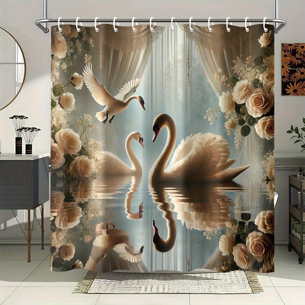 Swan Lake Shower Curtain Rose Flowers Elegant Water Reflection 3D Printed Waterproof Bathroom Decor Romantic Classical
