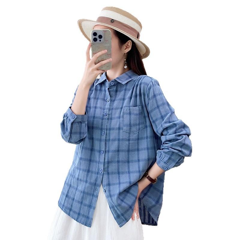 Japanese retro literary and artistic style double-layer cotton yarn plaid shirt spring and autumn new pure cotton loose and versatile long-sleeved 