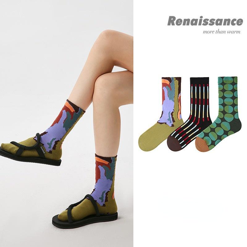 

3 пары женских носков, осенние носки среднего цвета, хлопковые носки-трубочки среднего размера