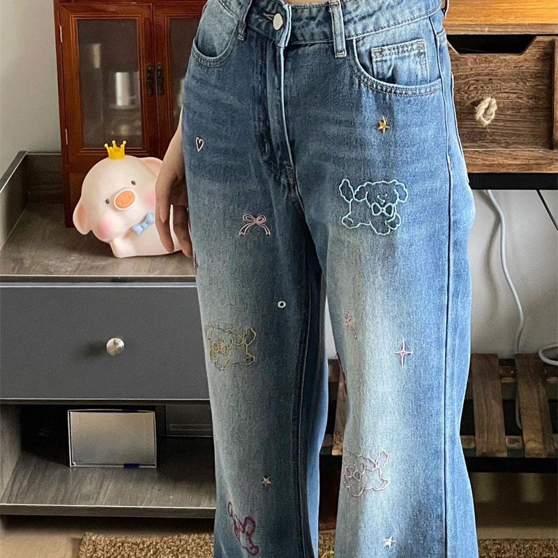 Stylish Cute Puppy Embroidery Loose Jeans Spring Autumn High Waist Denim Pants Women's Clothing Vintage Casual Straight Trousers