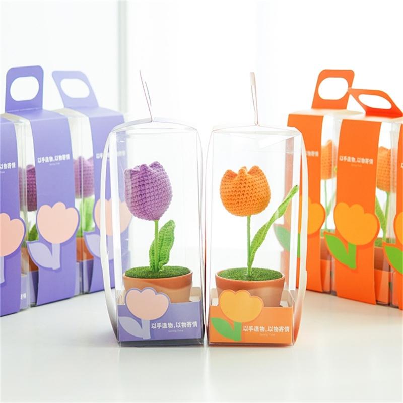 Artificial Knitted Tulips Flower Potted Hand Woven Crochet Flower Tulips Plant Desktop Ornament Home Decorations