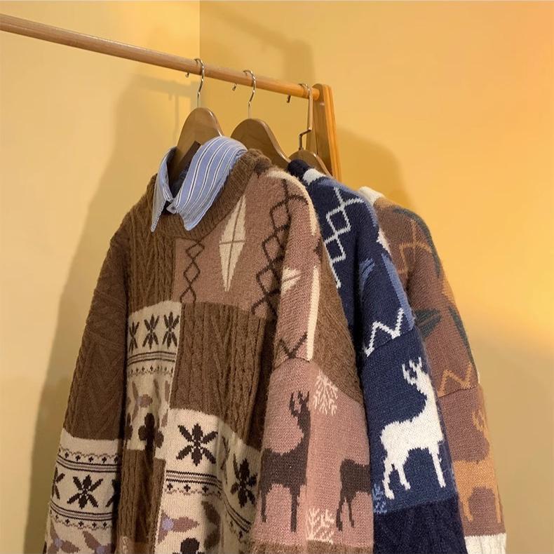 Vintage Patchwork Fried Dough Twists Round Neck Sweater Lovers Outfit Winter Port Style Graffiti Sweater Loose Pullover Lovers Knitwear Men and Women