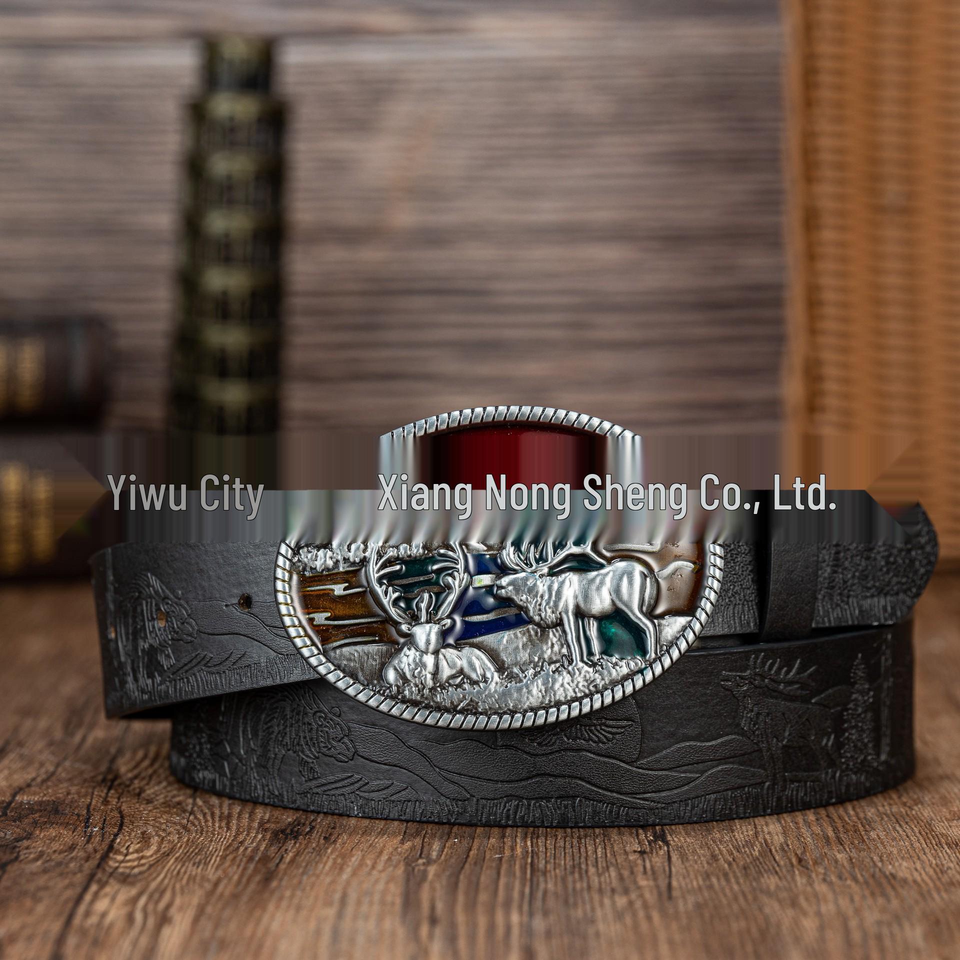 Retro Reindeer High Mountain Oval Zinc Alloy Embossed PU Leather Unisex Belt 120cm