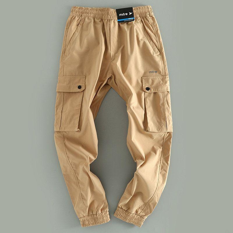 Men s Outdoor Functional Thin Cargo Pants with Drawstring, Casual Pants with Multiple Pockets and Elastic Waistband Khaki XL