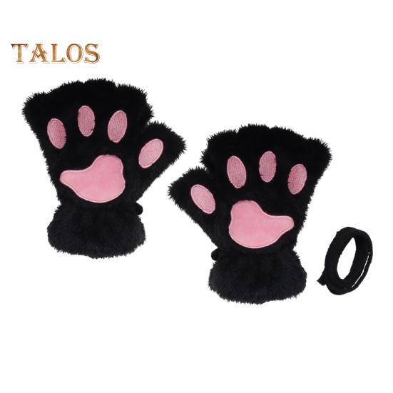 1 Pair Women Winter Gloves Half-finger Cat Paw Shape Thick Plush Elastic Warm Heat Retention Non-slip Windproof Wrist Protection Cycling Riding